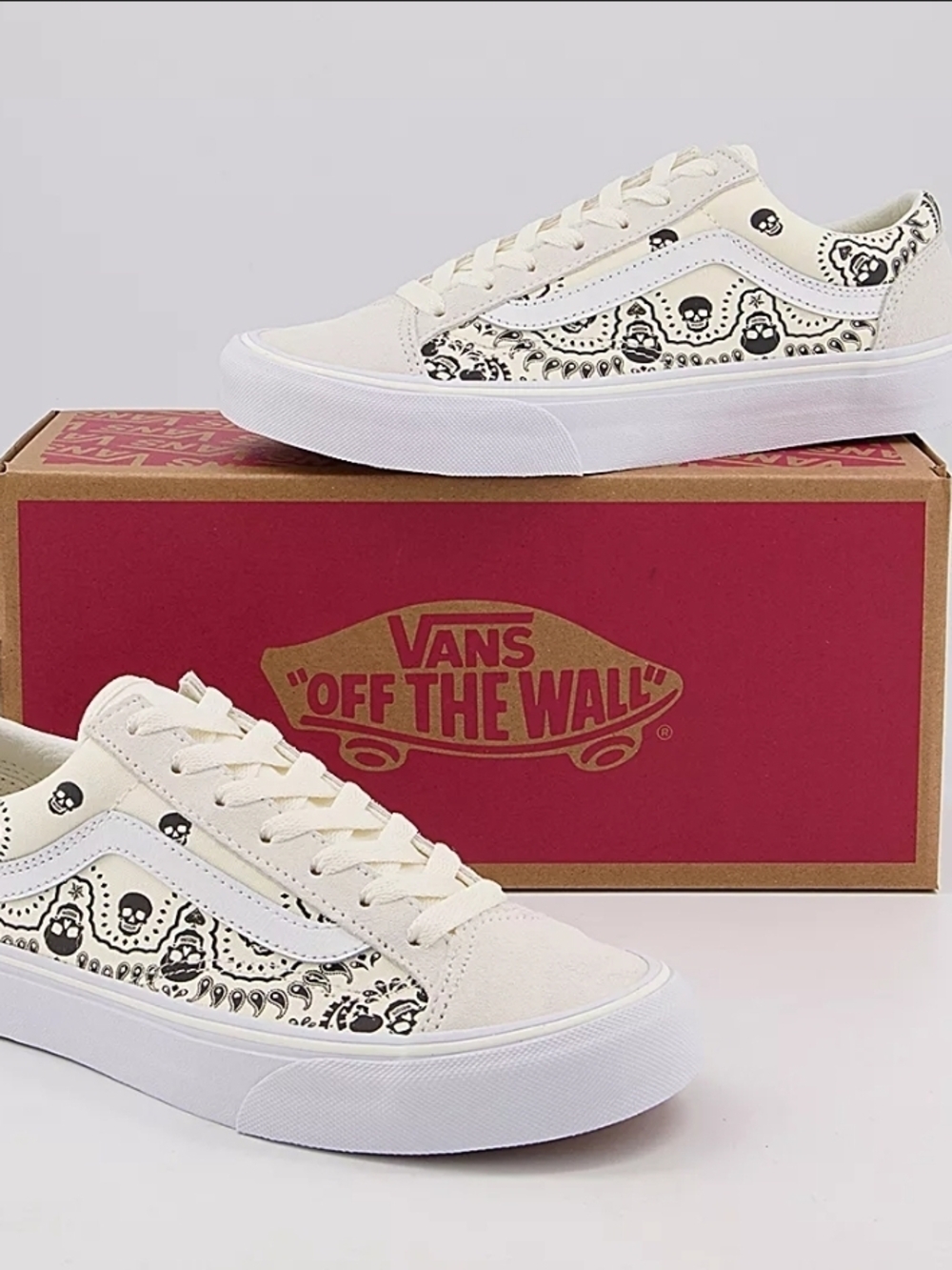 Vans Cream and White Old Skool Sneakers with Skull Bandana Print